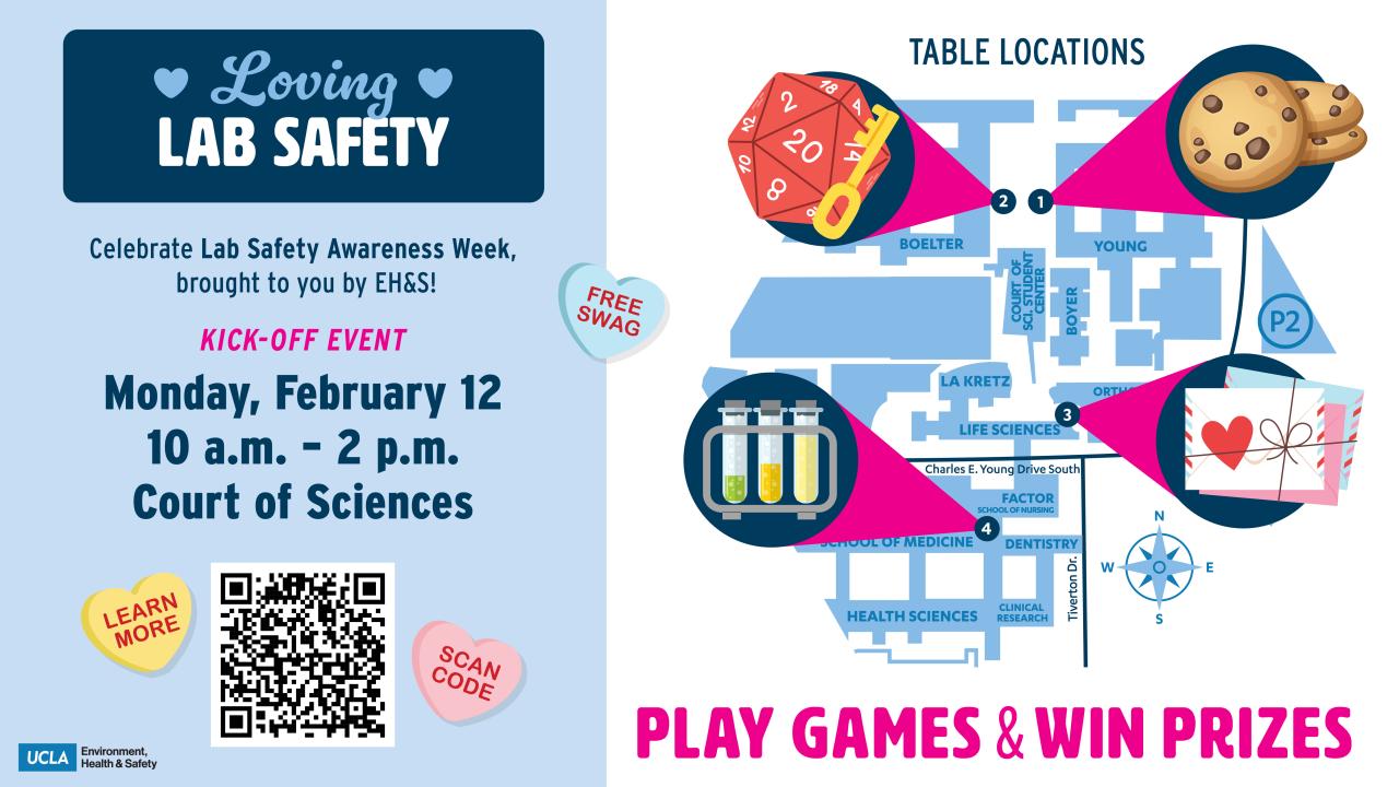 Loving Lab Safety flyer. EH&S Lab Safety Awareness Week, Kick-off event Monday, Feb 12 from 10 am to 2 pm. Includes map showing locations of event tables on campus.